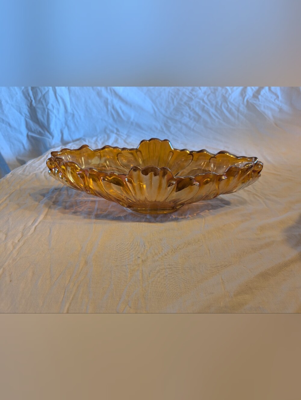 2/60$ Vintage Amber Iridescent Scalloped Glass Bowl